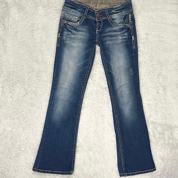 Wallflower Denim - Wallflower Womens 9 Button Flap Bootcut Blue Jean (M 30X29) Low Rise Embroidered